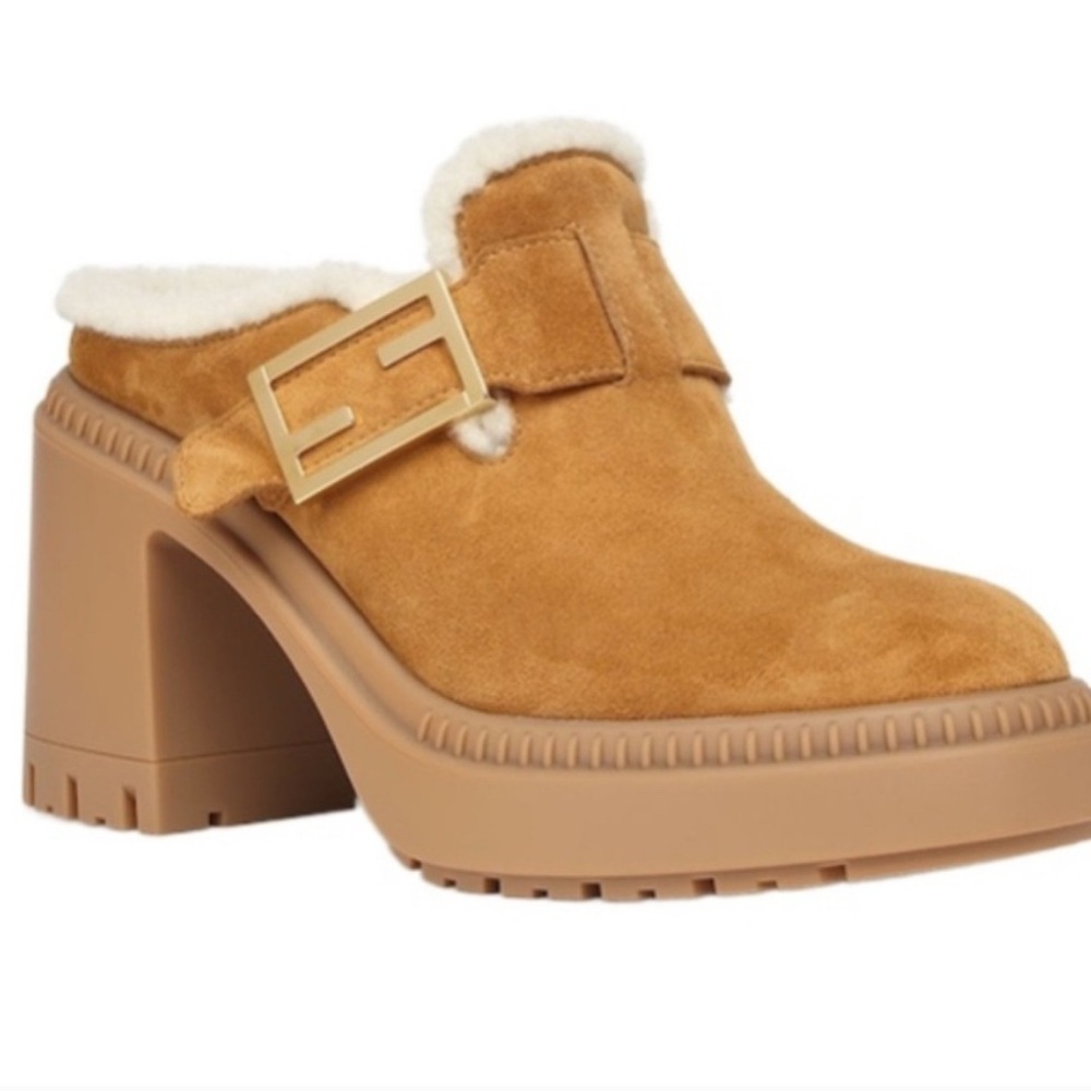 Fendi Tan Chunky Heeled Mules with Sherpa Lining